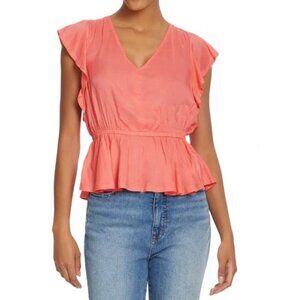 Sam Edelman Women's Sun Baked Binx Flutter Sleeve Peplum V-Neck Top Size Large